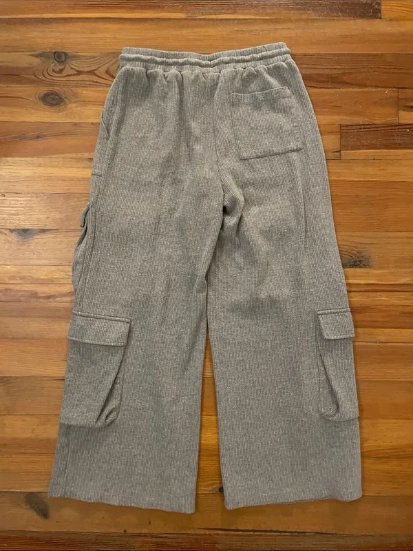 Halara Ribbed Mid Rise Drawstring Pockets Wide Leg Cargo Pants Medium Taupe - Image 4