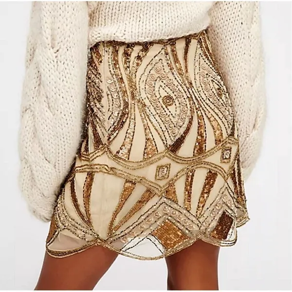 Free People Daydreaming Embellished Mini Beaded Skirt Antique Gold‎ Sz 0 - Image 3