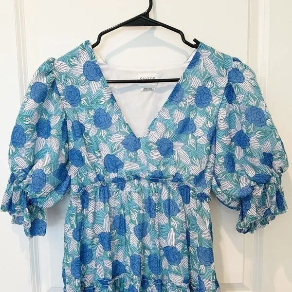 Saylor Womens Tiered Mini Dress Small Milkmaid Cottage Romantic Puff Sleeve Blue - Image 3