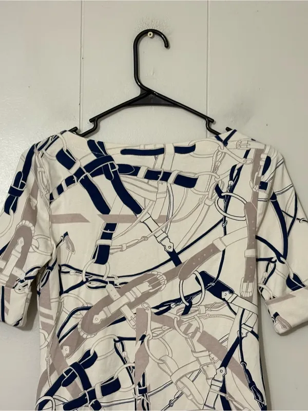 Lauren Ralph Lauren Belt Print Boatneck Top Navy Cream Equestrian Stretch Tee S - Image 11