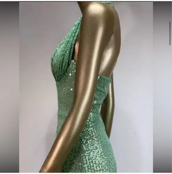 Sequin Halter V neck dress Green - Image 6