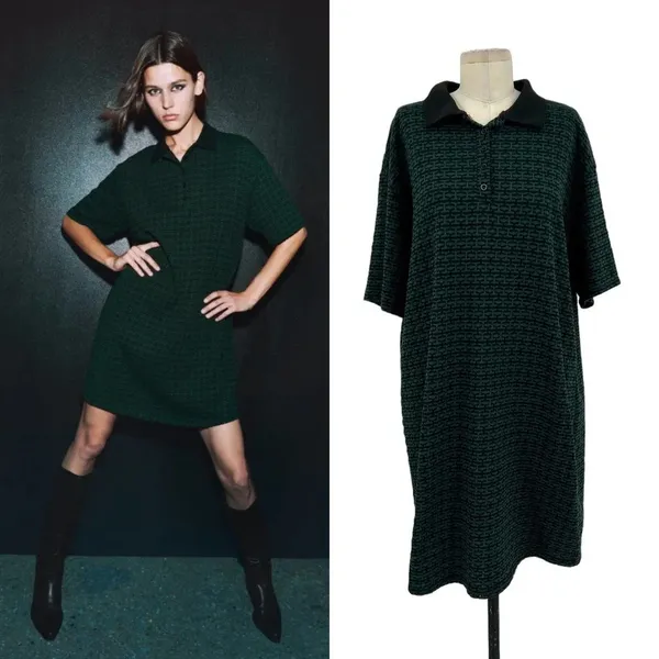 Zara Jacquard Polo Short Sleeve Tee Shirt‎ Dress Green Black Size Medium - Image 2