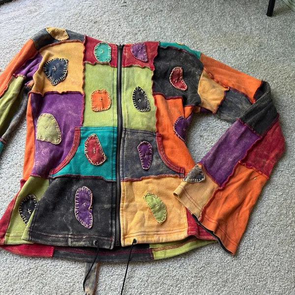 Colorful Festival Zip Up Jacket Earthy Patchwork Bohemian Hippie Eclectic - Image 2