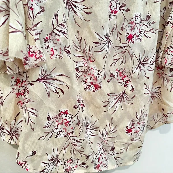 Ann Taylor Ruffle Sleeve Floral Blouse Women's‎ Medium Cream Pink Ladder Lace - Image 4