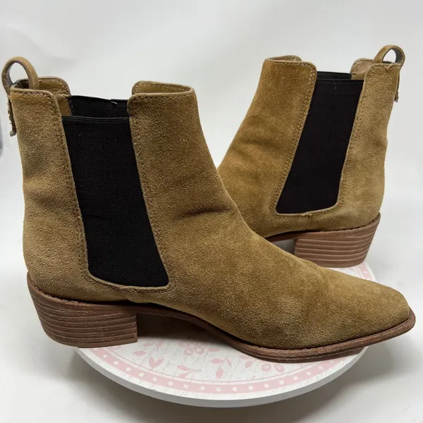 Tory Burch Chelsea Boots Women 10.5 Tan Suede Leather Square Toe Block Heel Pull - Image 10