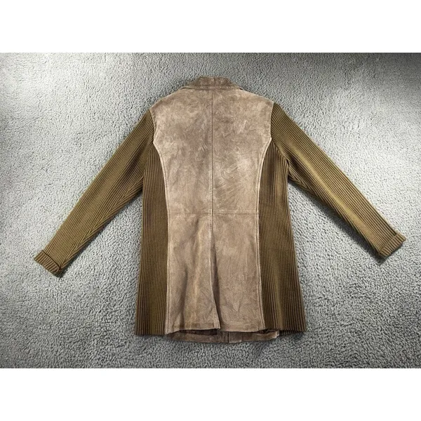 Retro Leather Knit Jacket Women L Brown Ribbed Full Zip VTG‎ Boho Mixed Media - Image 3