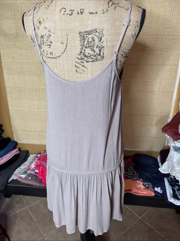 Kori America Embroidered Boho Mini Dress Taupe Aqua Tassels Size Medium - Image 6
