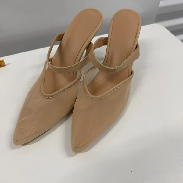 Nude Mesh Pointed Toe Mules Double Strap Stiletto Heels Beige Size 8.5 Tan - Image 5