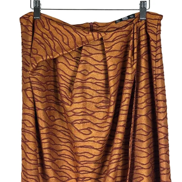 Zara Faux Wrap Wavy Abstract Textured Jacquard Midi Skirt Brown Fall Earthy Sz L - Image 5