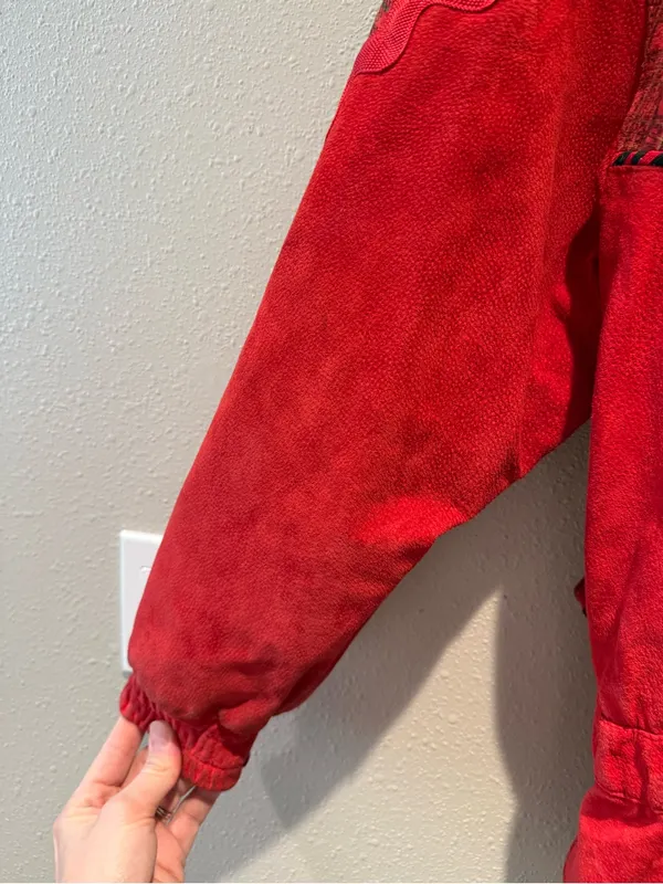 Vintage CHIA Red 100% Leather Patchwork Plaid Western Jacket Bomber Size Medium - Image 10