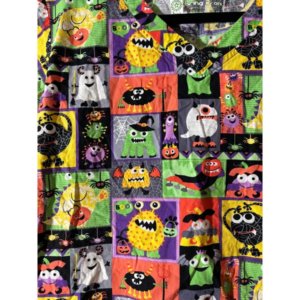 Bio Bring It On Women's Size M Halloween V-Neck Scrub Top Ghosts Monsters - Image 4