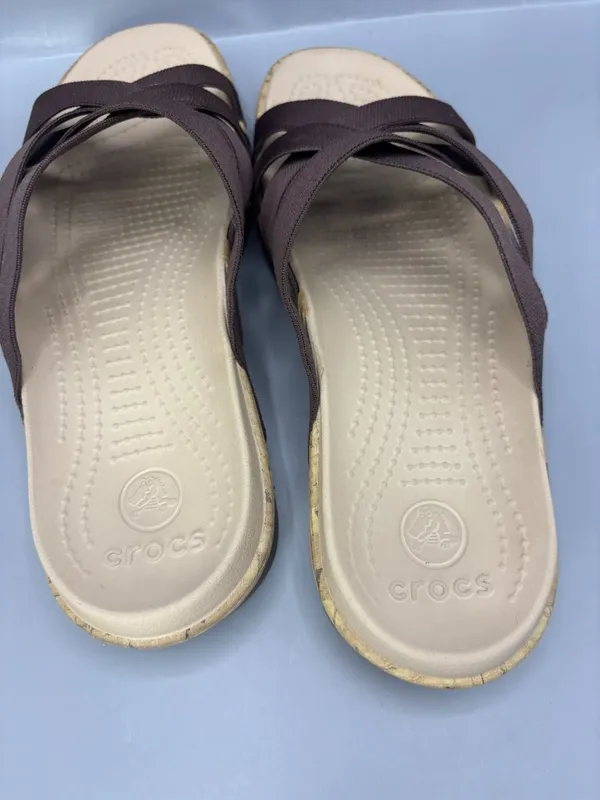 Crocs Edie Slide Sandals Women 9 Brown Stretch Criss Cross Straps Beach Slip On - Image 5