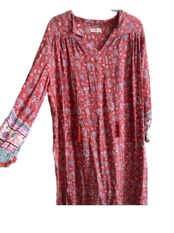 Natural Life Dara Floral Tassel Kaftan 3/4 Sleeve Maxi Dress Size XL hippie boho - Image 5
