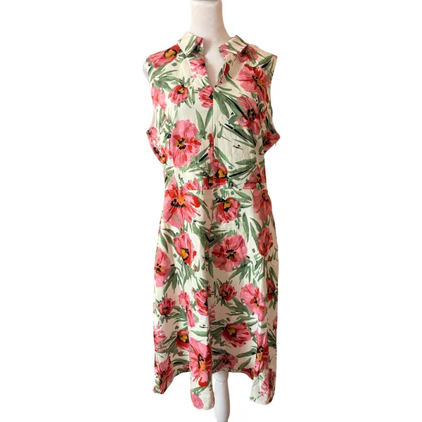 Tahari Floral Midi Dress Womens 12 Pink New Sleeveless Linen Blend Collared‎ - Image 2