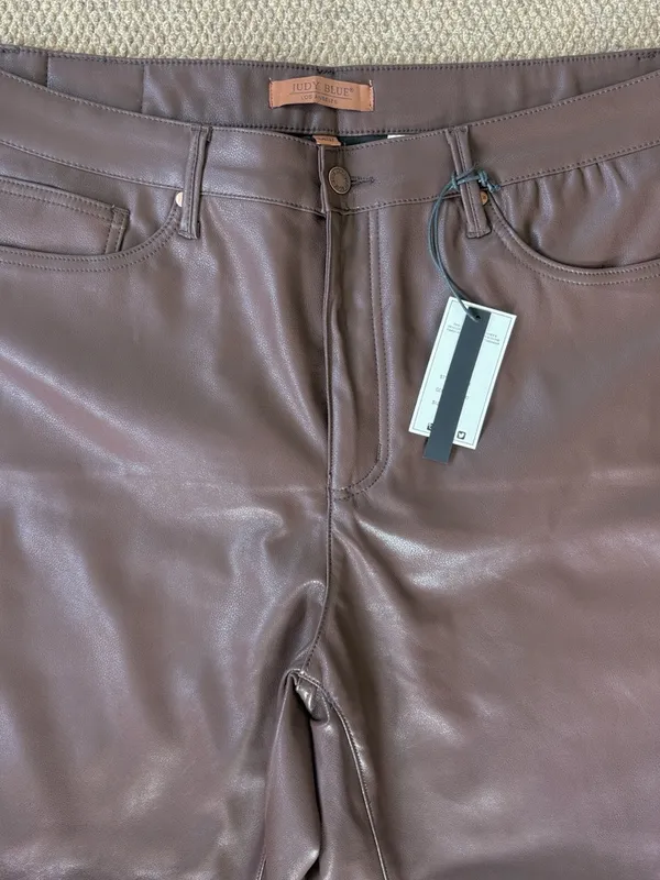 NWT Judy Blue Faux Leather Tummy Control High Rise Straight Pants Brown Size 20W - Image 5