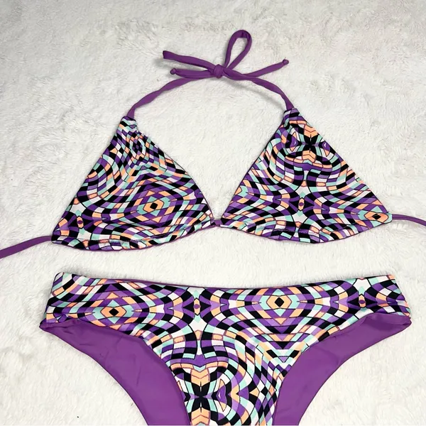Trippy Purple Geometric Print Triangle Bikini Set Size Small Beach Rave Festival - Image 3