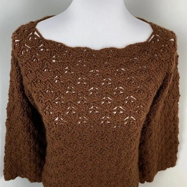 Handmade Chocolate Brown Boho Crochet Bell Sleeve Sweater - Image 2