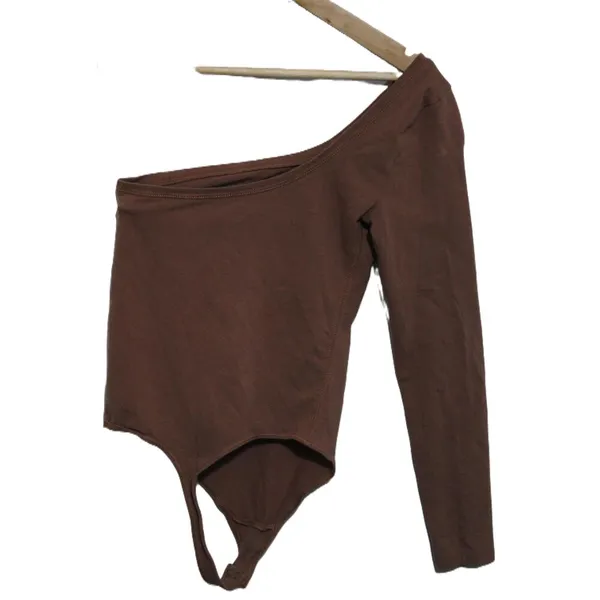 Womens Abercrombie & Fitch Brown Cotton One Shoulder Long Sleeve Bodysuit Sz XS - Image 2