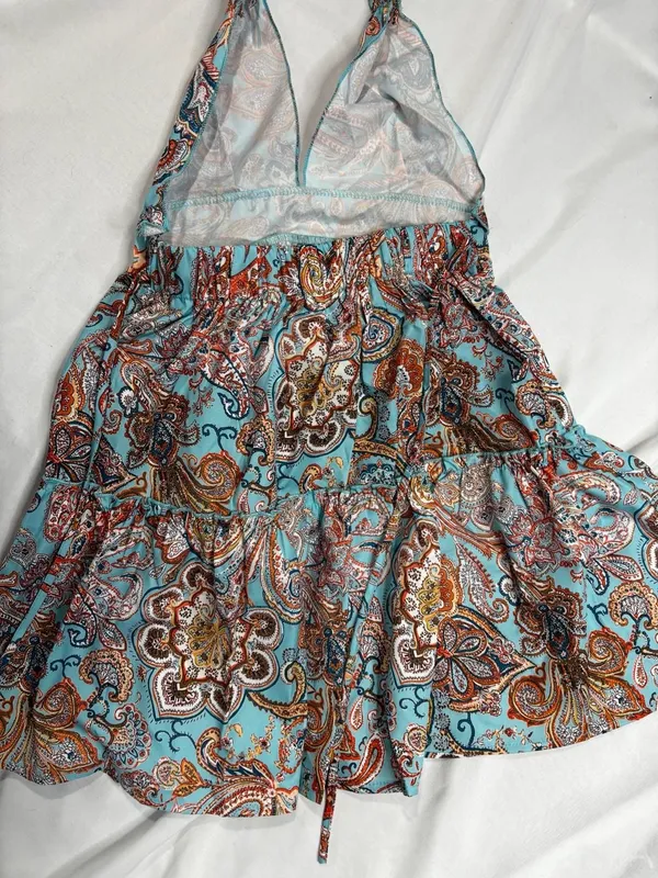 SHEIN Paisley Print Halter Deep V Neck Tiered Ruffle Mini Dress Size S - Image 2