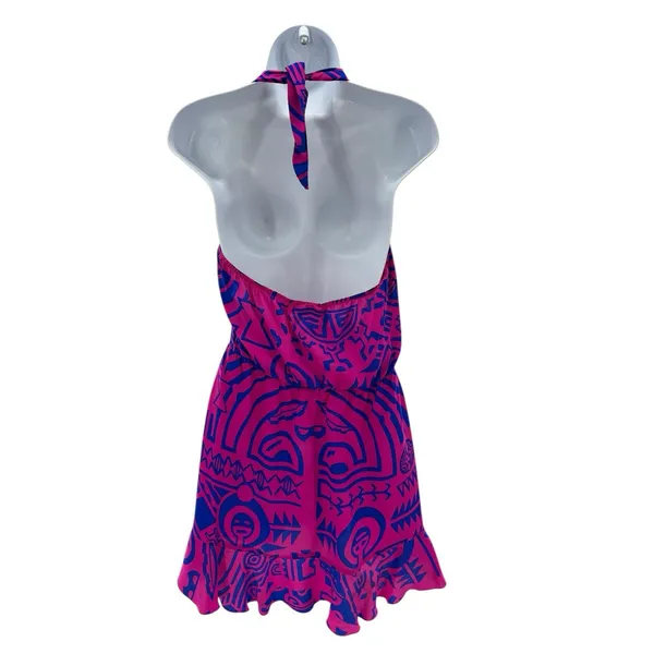 Amanda Uprichard Silk Halter Dress Medium‎ Pink Blue Print Ruffle Trim Summer - Image 3