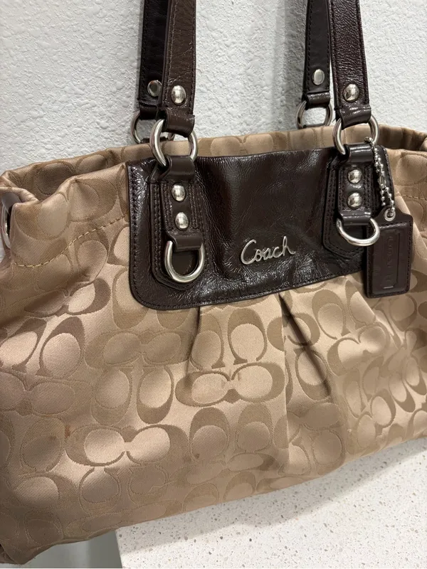 Coach Ashley Signature Sateen Carryall Satchel Bag F15510 Khaki Brown Leather⁠ - Image 2