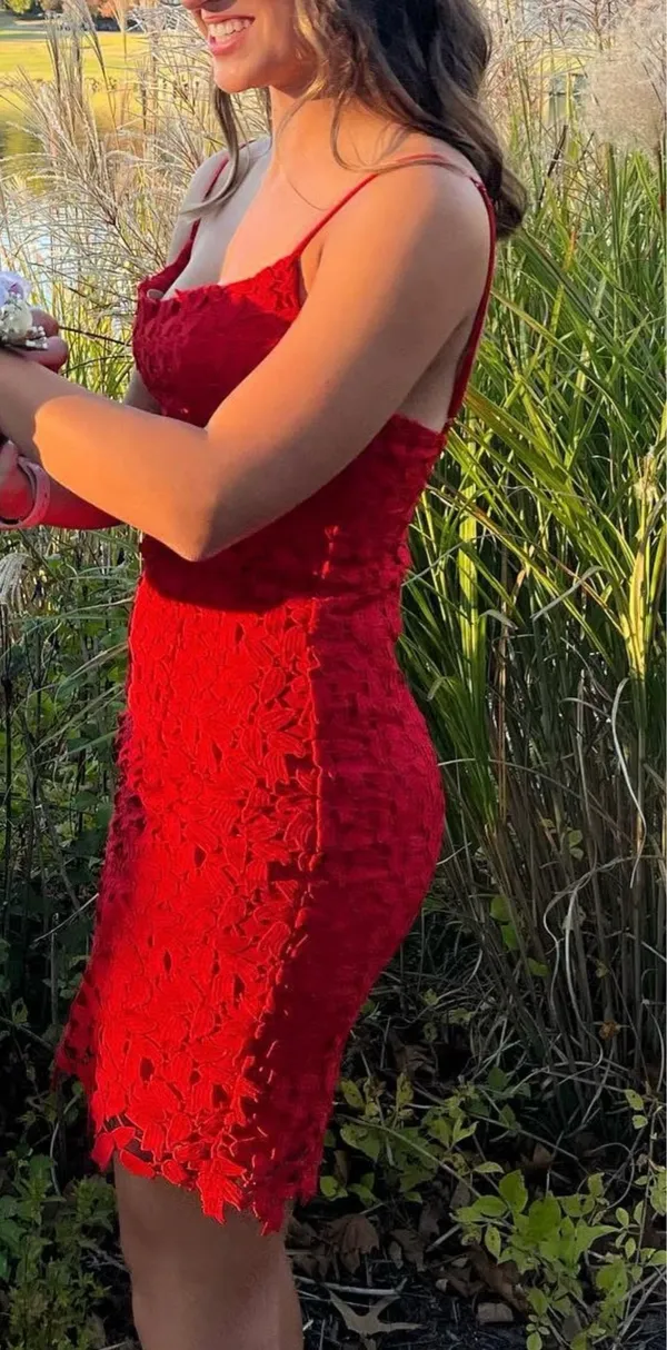 Bardot Red Lace Dress - Image 2