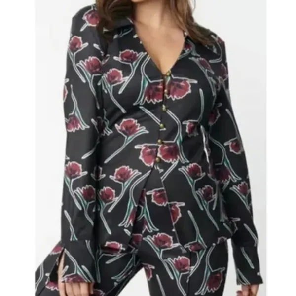 Unique Vintage Scattered Stem Floral Blouse Black Red Poppy Button Up M K1665KT2 - Image 5