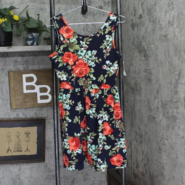 NWT Crystal Doll Juniors Floral Skater Fit & Flare Dress 2682475 Navy Blue S - Image 3