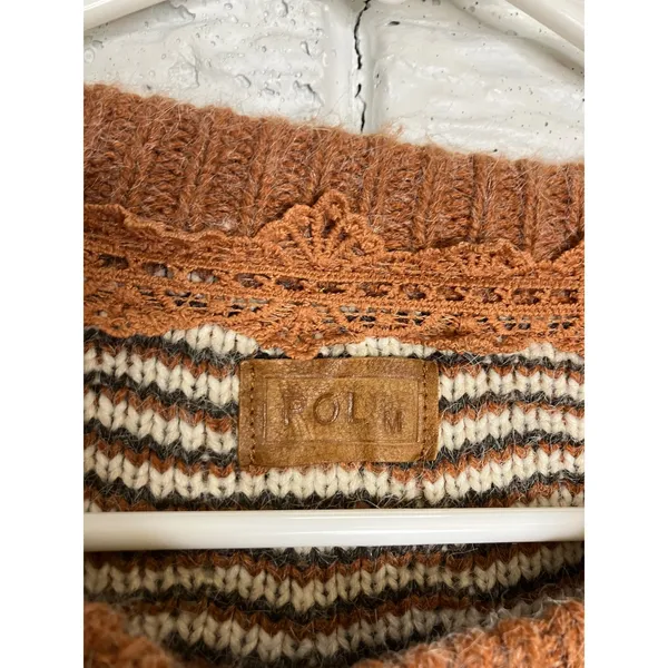 POL Sweater Womens Medium Brown Geometric‎ Diamond Knit Crochet Trim Good JST600 - Image 2