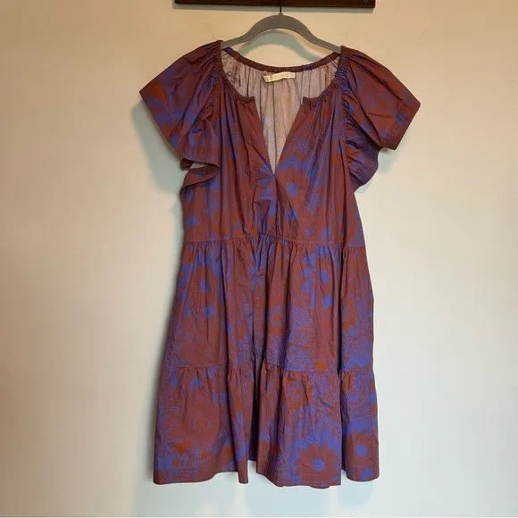 Marie Oliver Kara Purple Floral Tiered Cotton Mini Dress Flutter Sleeve Medium‎ - Image 2