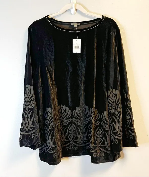 The Limited Blouse Black Velour/ Velvet Burnout Floral Peony w/ Bead Trim XL NWT - Image 4