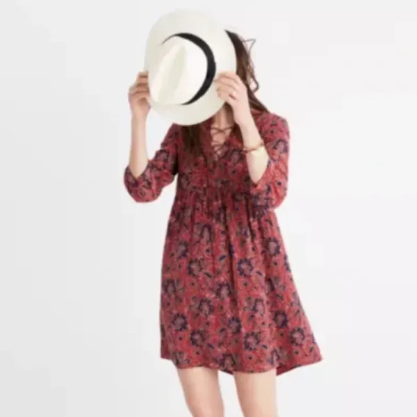 Madewell Size Large 100% Silk Assam Floral Babydoll Dress LaceUp Fall Rust Print - Image 2