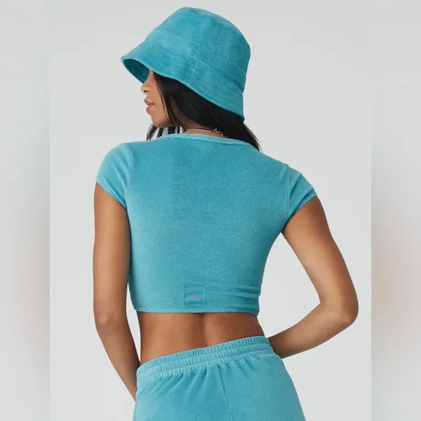 Alo NWT Terry Beachside Short Sleeve Crop Top Blue Splash Size L - Image 2