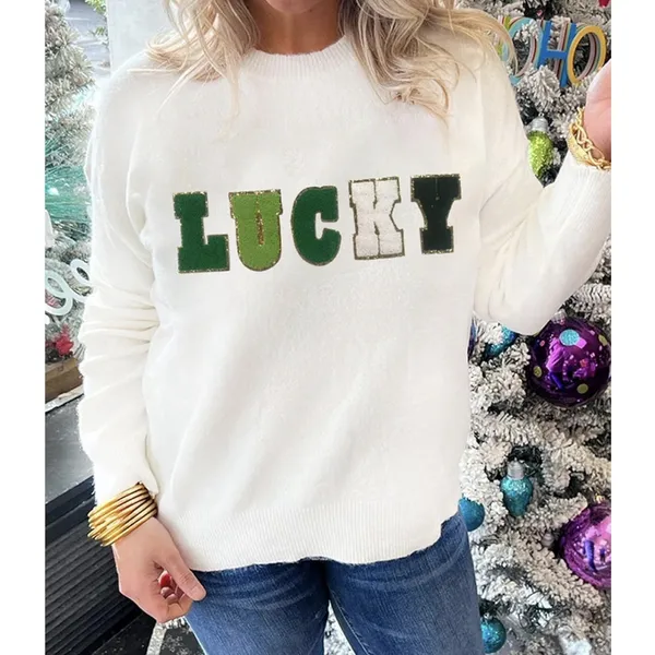 Lucky Glitter Letter Pullover Crewneck Sweater Women’s L - Image 2