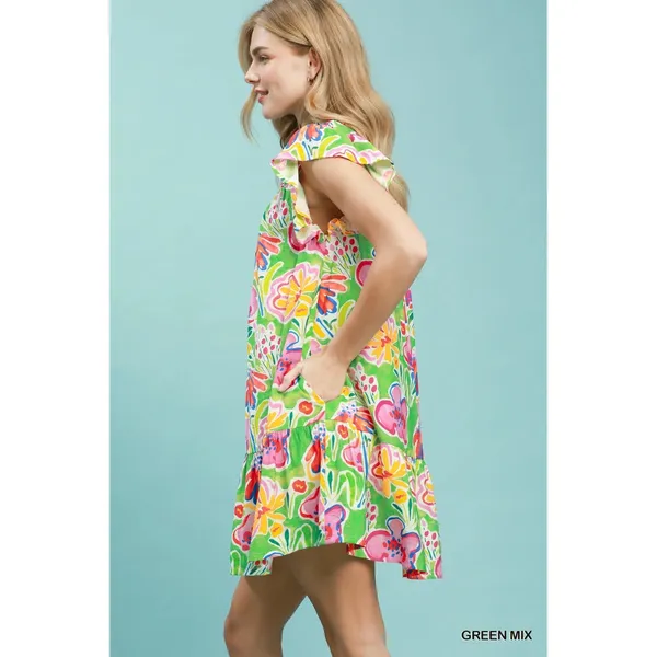 Umgee Floral Ruffle Mini Dress - Green Mix - Small - Image 2