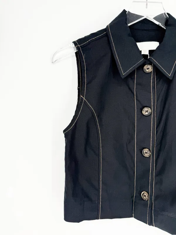NWT ZARA Linen Blend‎ Button Down Sleeveless Top Women's S Black Quiet Luxury - Image 5