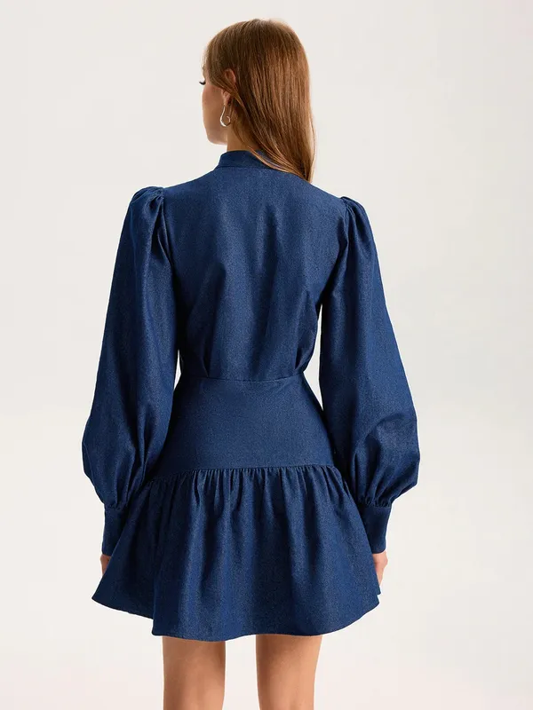 Commence Denim Stand Collar Puff Sleeve Mini Dress - Image 2