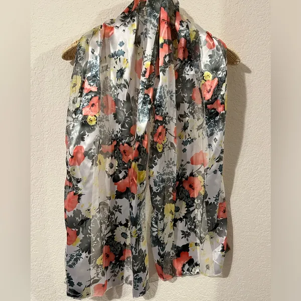 Vintage Silk Feel Scarf Korea Rectangular Floral Sage Yellow Peach 13.5 X 57 in - Image 2