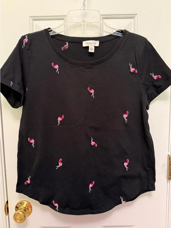 Vintage‎ America Black Flamingo Embroidered Tee Shirt Small Cute Novelty Top - Image 2