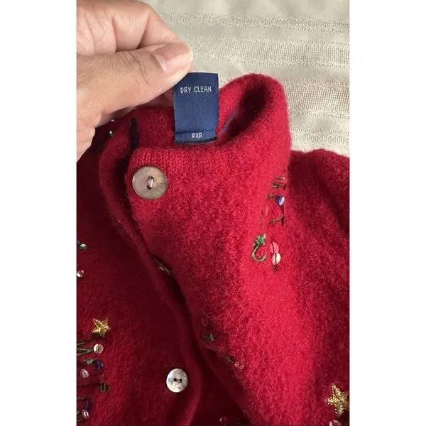 Karen Scott Red 100% Wool VintageCardigan Sweater Sequin Embroidered Tree M Crew - Image 11