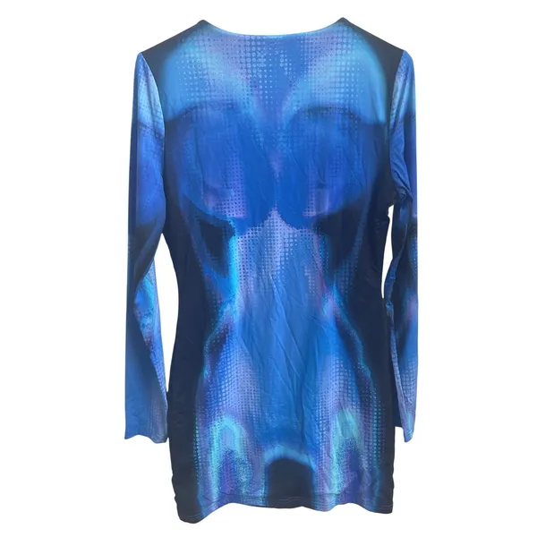 White Fox Blue Abstract Print Bodycon Mini Dress Long Sleeve Cyber Love Island L - Image 4