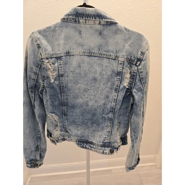 Garage Jalate XL Vintage Blue Acid Wash Distressed Denim Jacket Women Shrunken Crop - Image 6