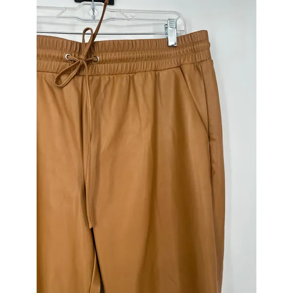 LOFT Faux Leather Joggers Women XL Brown Elastic‎ Waist Drawstring Pockets - Image 2