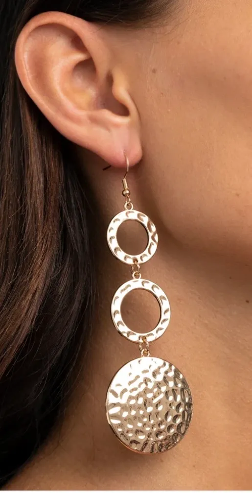 Gold Hammered Triple Drop Statement Earrings - Image 2