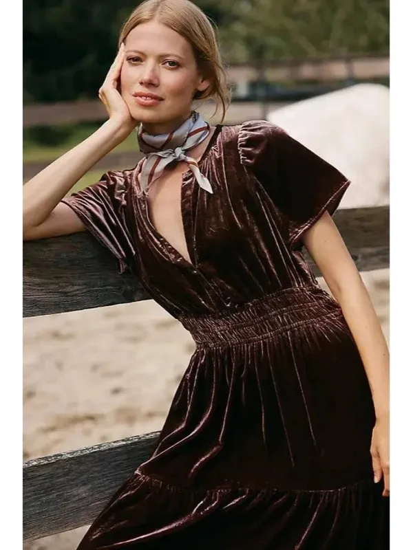 NWT by Anthropologie The Somerset Maxi in Chocolate Brown Velvet Edition Dress L - Image 12