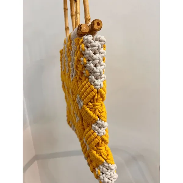 Handwoven Vintage Yellow & Cream Macramé Tote Bag with Bamboo Handles - Image 7