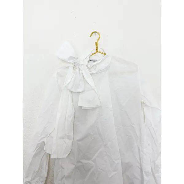 Zara White Poplin Tie Neck Oversized Blouse Size Small 8775/545 Chic Preppy - Image 11