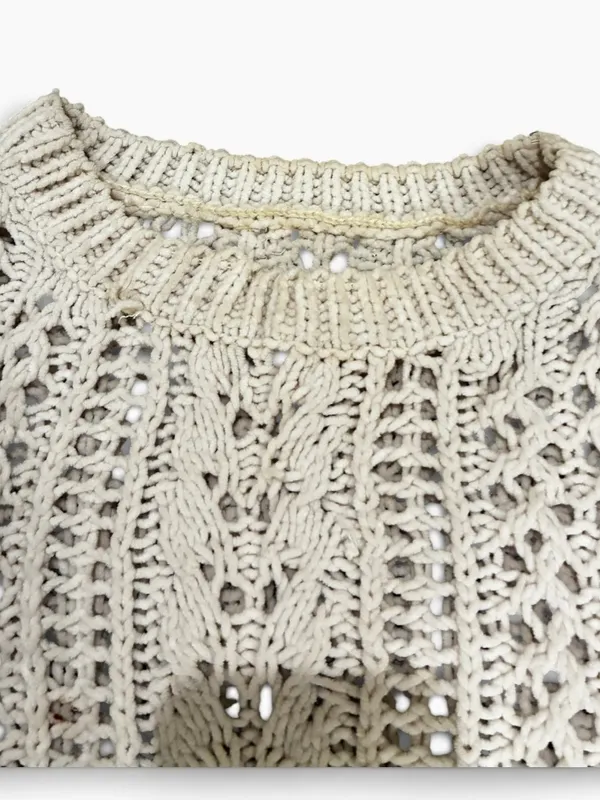 Women's Cream Openwork Crewneck Sweater. Layer Loose Fit - Image 2