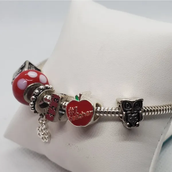 Silver Tone & Red Teacher European Charm Bracelet - Image 4
