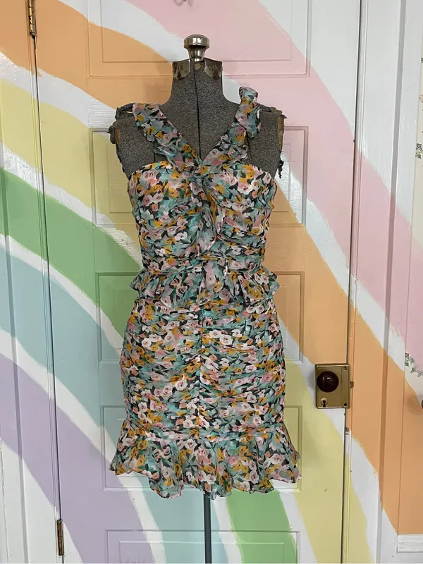 Amur Elyse 100% Silk Chiffon Romantic Ruffle Floral Mini Dress Sz 4 🧡🎀 - Image 3